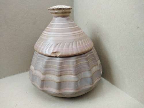 Vintage! Banded Ironstone - Hand Carved - Large Round Scalloped - Lidded Trinket Box