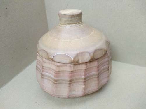 Vintage! Banded Ironstone - Hand Carved - Medium Round Scalloped - Lidded Trinket Box