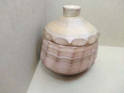 Vintage! Banded Ironstone - Hand Carved - Medium Round Scalloped - Lidded Trinket Box