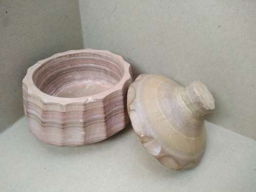Vintage! Banded Ironstone - Hand Carved - Medium Round Scalloped - Lidded Trinket Box
