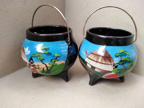 Vintage! Ceramic Mini Three Legged  African Potjie Pot Themed Ornaments