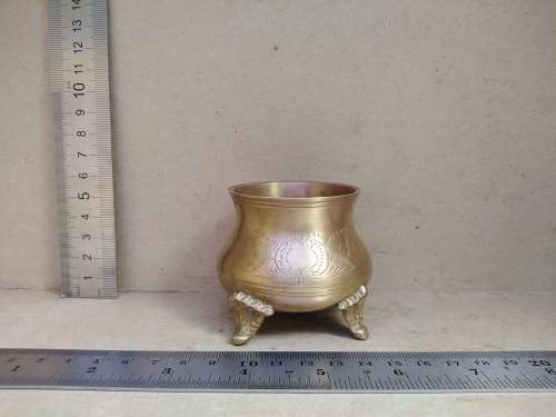Vintage! Small Brass - Hand Etched - Footed Cauldron / Pot