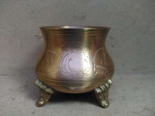 Vintage! Small Brass - Hand Etched - Footed Cauldron / Pot