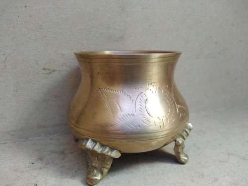 Vintage! Small Brass - Hand Etched - Footed Cauldron / Pot