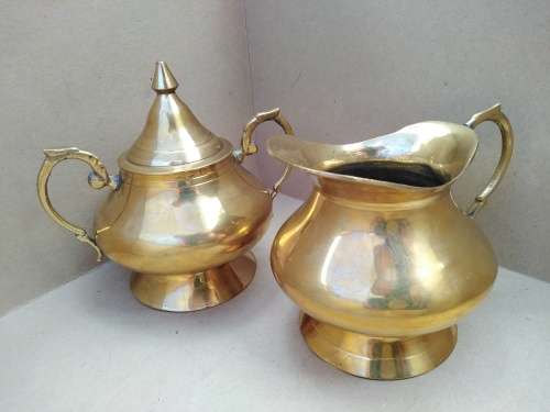 Vintage! Brass Creamer And Sugar Bowl Set With Handles. Made In India.