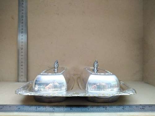 Vintage! Silver On Brass Double Compartment Butter Dish With Lids and Glass Insert