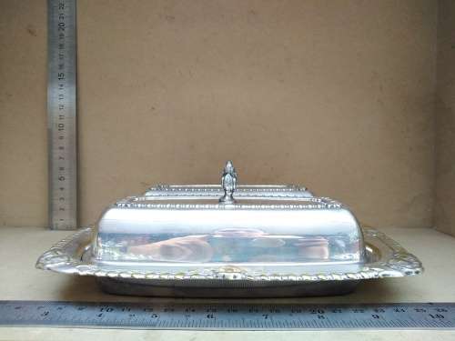 Vintage! Silver On Brass Double Compartment Butter Dish With Lids and Glass Insert