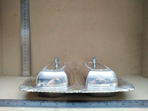 Vintage! Silver On Brass Double Compartment Butter Dish With Lids and Glass Insert