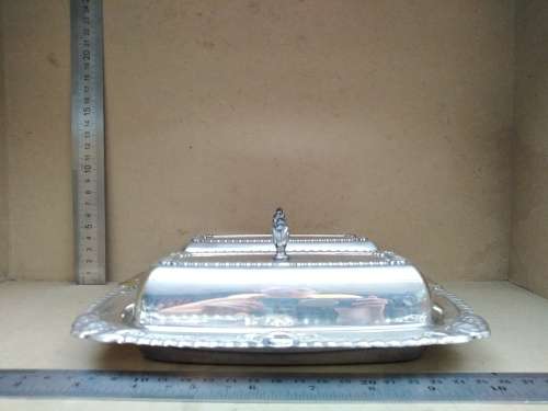 Vintage! Silver On Brass Double Compartment Butter Dish With Lids and Glass Insert