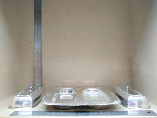 Vintage! Silver On Brass Double Compartment Butter Dish With Lids and Glass Insert