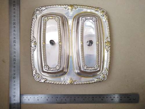 Vintage! Silver On Brass Double Compartment Butter Dish With Lids and Glass Insert