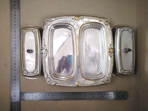 Vintage! Silver On Brass Double Compartment Butter Dish With Lids and Glass Insert