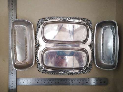 Vintage! Silver On Brass Double Compartment Butter Dish With Lids and Glass Insert