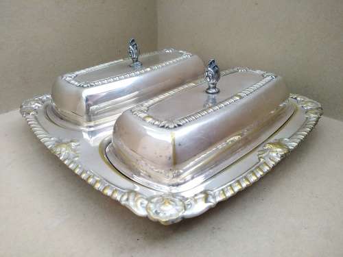 Vintage! Silver On Brass Double Compartment Butter Dish With Lids and Glass Insert