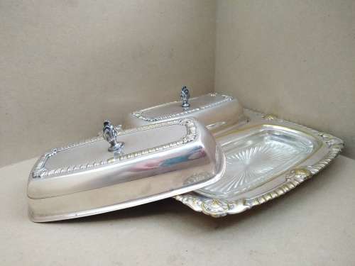 Vintage! Silver On Brass Double Compartment Butter Dish With Lids and Glass Insert