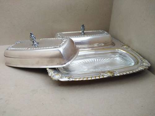 Vintage! Silver On Brass Double Compartment Butter Dish With Lids and Glass Insert