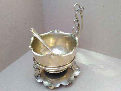 Vintage! England - Art Nouveau - Silver Plate - 3 Piece - Lily Design - Sugar Bowl In Caddy Tray