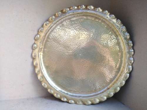 Vintage!  Round - Scalloped Edge - Hammered Copper Tray