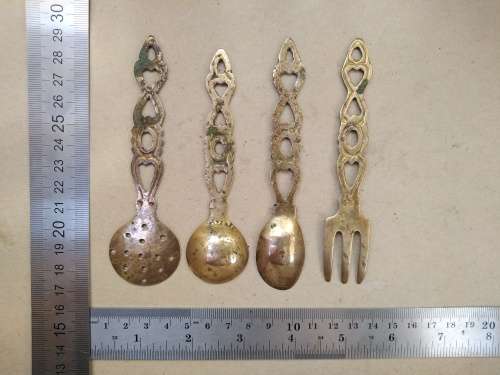 Vintage! Set Of 4 - Welsh Love Spoons - Brass Cutlery Set
