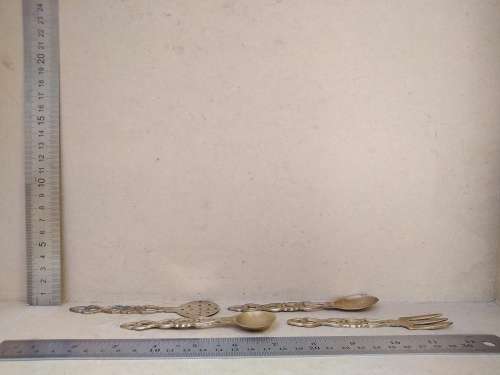 Vintage! Set Of 4 - Welsh Love Spoons - Brass Cutlery Set
