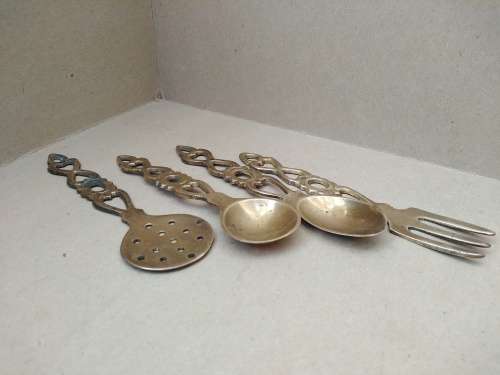 Vintage! Set Of 4 - Welsh Love Spoons - Brass Cutlery Set