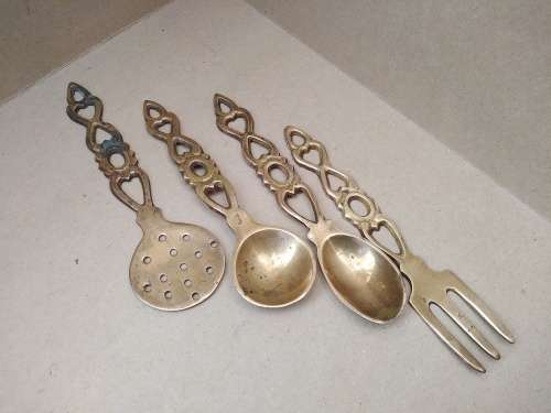 Vintage! Set Of 4 - Welsh Love Spoons - Brass Cutlery Set