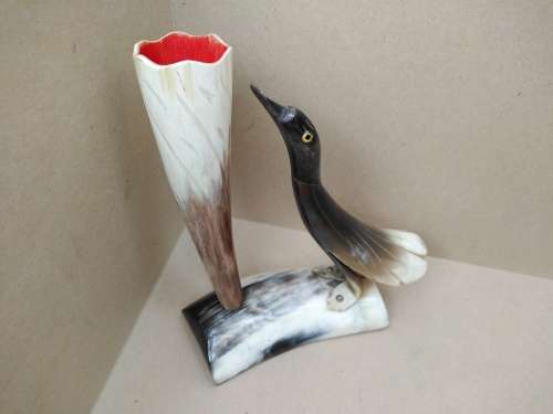 Vintage! Natural Cow Horn - Hand Carved - Bird Figurine - Pen Holder