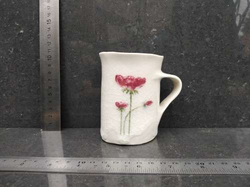 Vintage! Hand Made / Painted - Red Flowers- Crackle Glazed - Pottery Mug