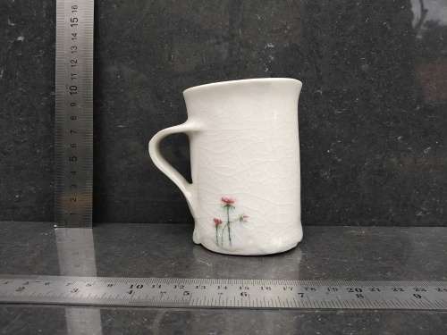 Vintage! Hand Made / Painted - Red Flowers- Crackle Glazed - Pottery Mug