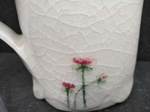 Vintage! Hand Made / Painted - Red Flowers- Crackle Glazed - Pottery Mug