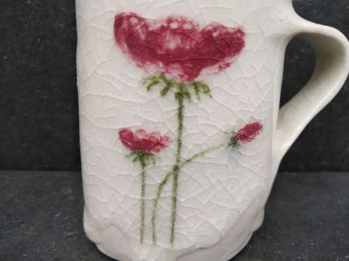 Vintage! Hand Made / Painted - Red Flowers- Crackle Glazed - Pottery Mug