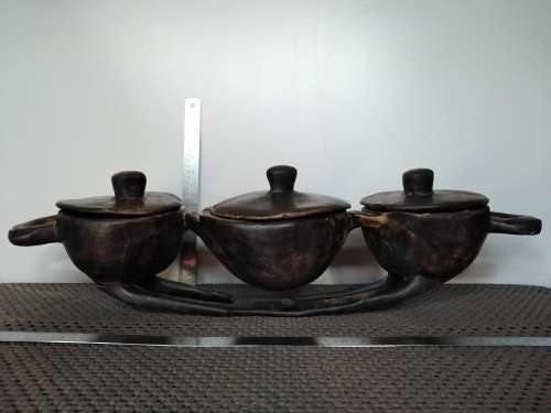 Africana! RARE! Zulu - 3 Bowl Meat Platter With Lids- Carved Wood