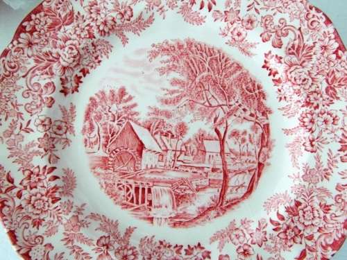 Vintage! England - Johnson Brothers - Mill Stream - Red / Pink - Set of 6 Plates