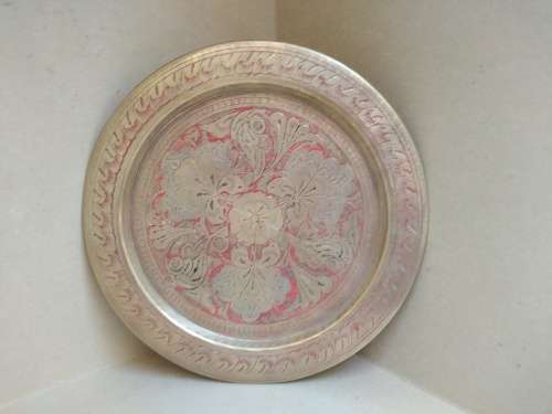 Vintage! Brass Side Plate Etched With A Tinge Of Maroon Flowers.