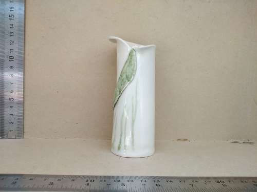Vintage! Studio Pottery - Ceramic White Bud Vase With Single Green Leaf Detail