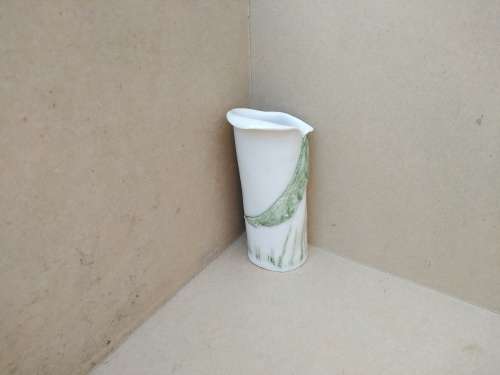 Vintage! Studio Pottery - Ceramic White Bud Vase With Single Green Leaf Detail