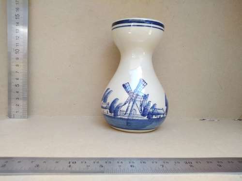 Vintage! Delft Ceramics - Blue Windmill And Seaside - 14cm Hand Painted Bud Vase.