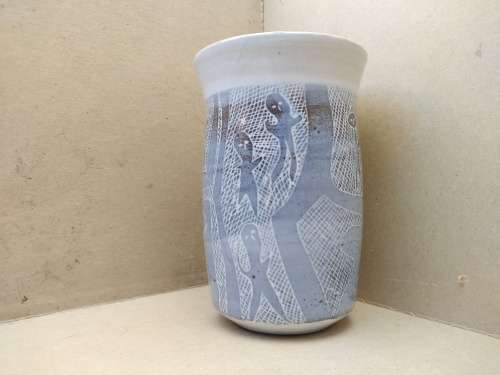 Vintage! Studio Pottery - Denim Blue - Cave Drawing Design - Signed