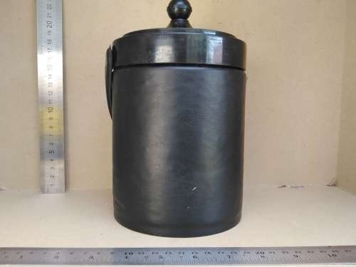 Vintage! Black Faux Leather Ice Bucket With Handle & Orange Interior.