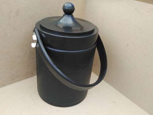 Vintage! Black Faux Leather Ice Bucket With Handle & Orange Interior.