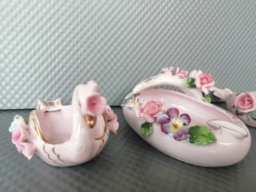 Vintage! Lefton China & Kingsway - Hand Painted Porcelain - Pink/Blue Floral - Swan Ashtray Lot