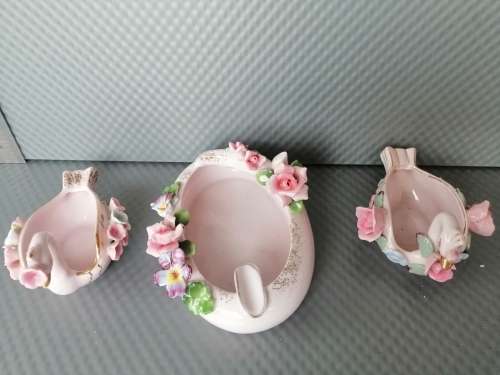 Vintage! Lefton China & Kingsway - Hand Painted Porcelain - Pink/Blue Floral - Swan Ashtray Lot