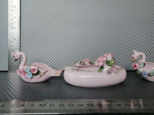 Vintage! Lefton China & Kingsway - Hand Painted Porcelain - Pink/Blue Floral - Swan Ashtray Lot