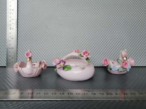 Vintage! Lefton China & Kingsway - Hand Painted Porcelain - Pink/Blue Floral - Swan Ashtray Lot