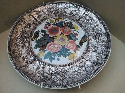 Vintage! China - XIN HE - Hand Painted Floral Bouquet - Metallic Foiled Decorative Edge - Wall Plate