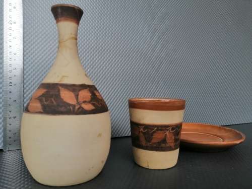 Vintage! Studio Art Pottery - Clay Set Of - Carafe For Water, Wine & Other Drinks - Tumbler & Saucer