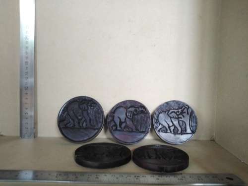 Africana! Hand Carved - Wooden Coaster Set In Caddy/Holder With Ashtray Lid - Elephant Design