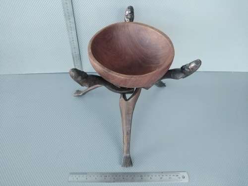 Africana! Hand Carved - Interlocking Tripod Stand With Salad / Serving Bowl