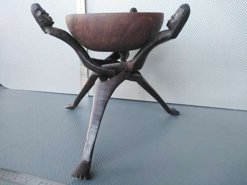 Africana! Hand Carved - Interlocking Tripod Stand With Salad / Serving Bowl