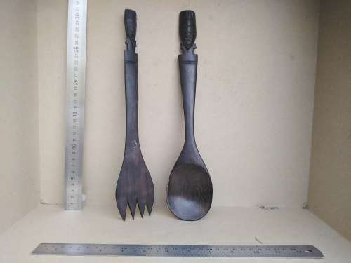 Vintage! Dark Hardwood Salad Serving Utensil Set